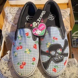 DRAVEN SHOES Skull💀&Gingham Cherries🍒 Era 2000-2009 NWT BLUE/BLACK 100% VEGAN